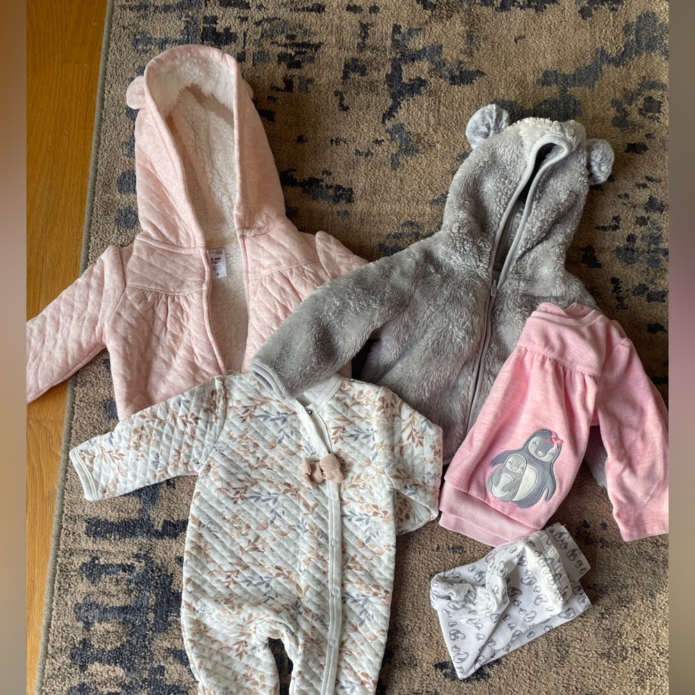 6-9 month girl bundle. Two jackets, PJ and pant set.
